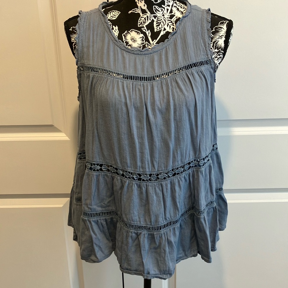 LOFT Blue Western Bohemian Pleated Tiered Tank Top